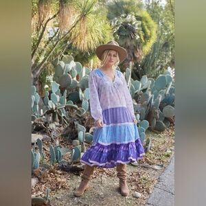 Bohemian Blue and Purple Maxi Dress M/L 100% Cotton Dress